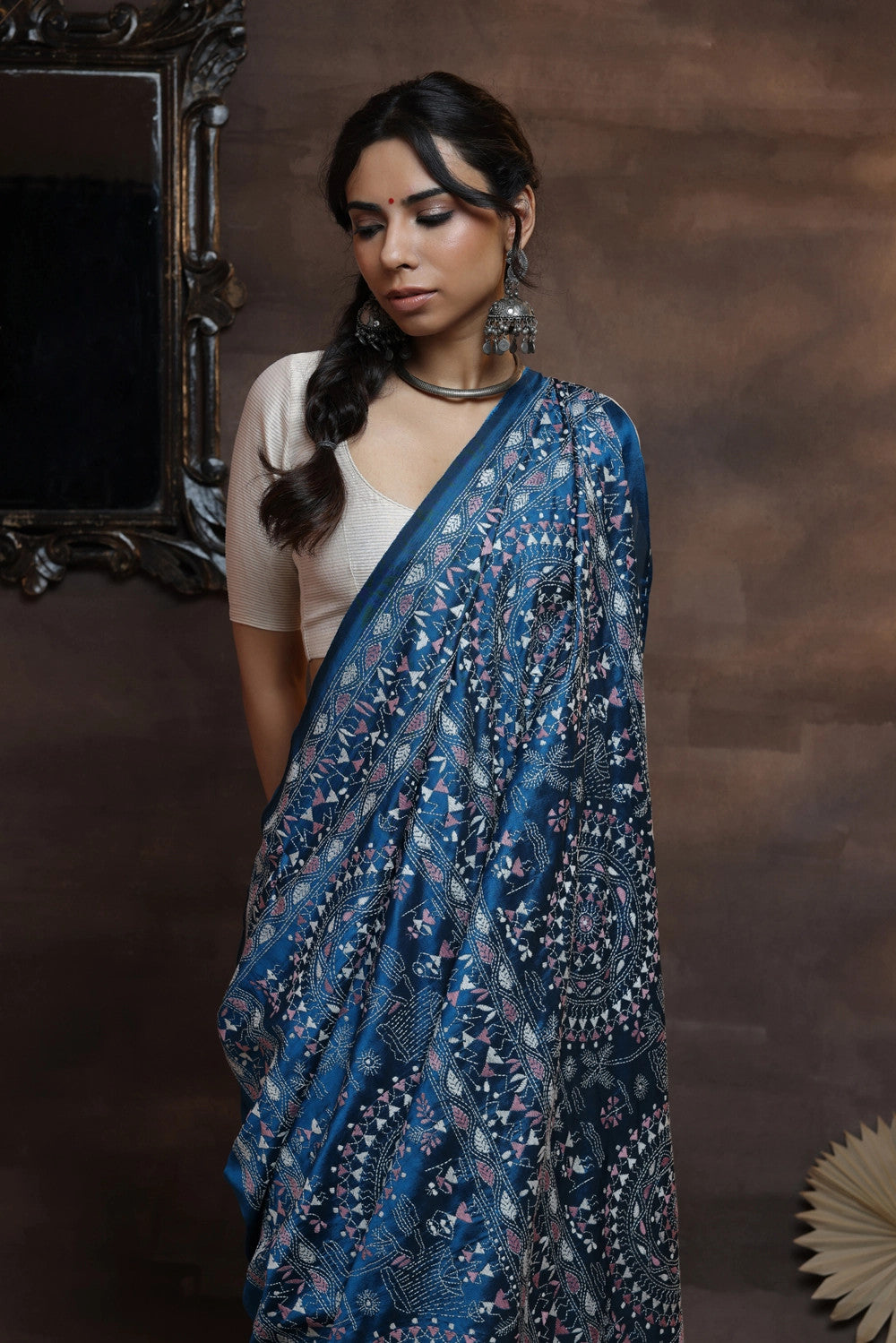 Handloom Teal Blue Pure Silk Kantha Saree