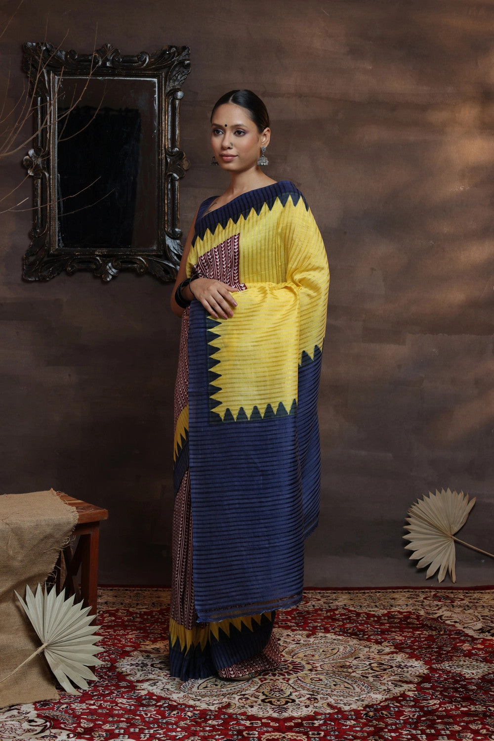 Maroon And Yellow Handloom Pure Silk Hand Painted Saree