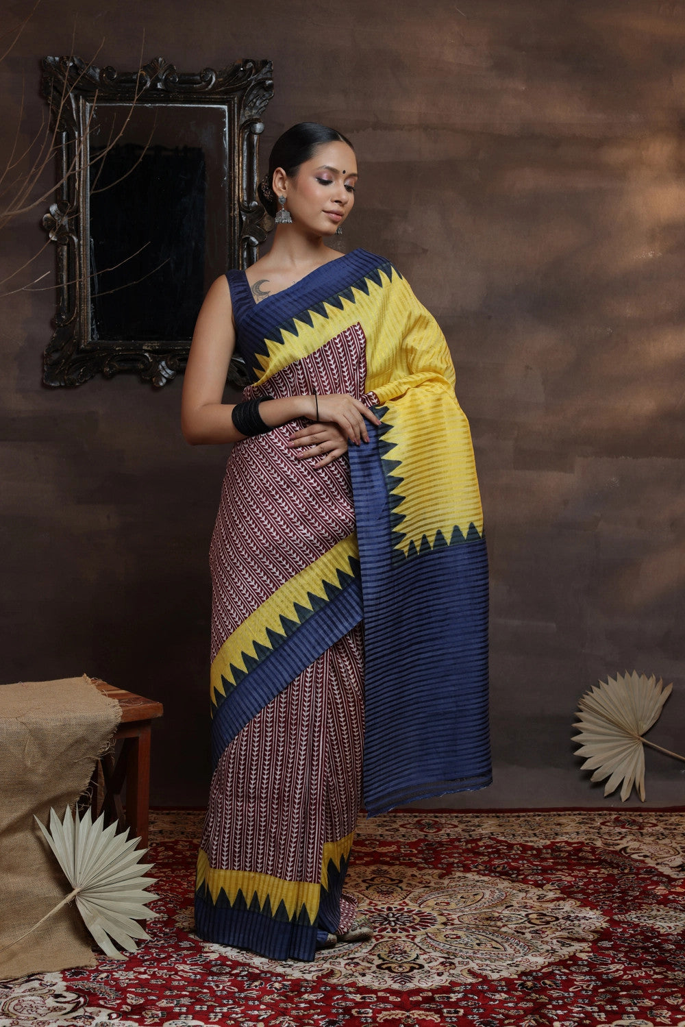 Maroon And Yellow Handloom Pure Silk Hand Painted Saree