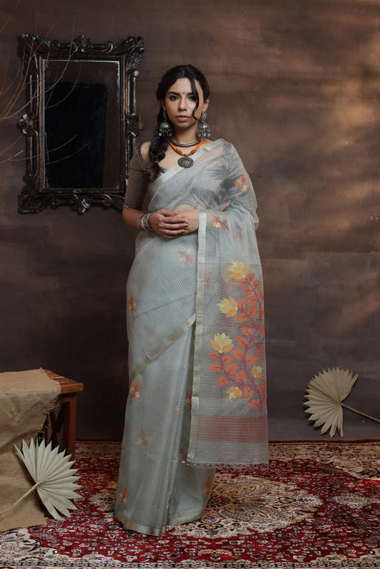 Handloom Grey Pure Muslin Silk Jamdani Saree