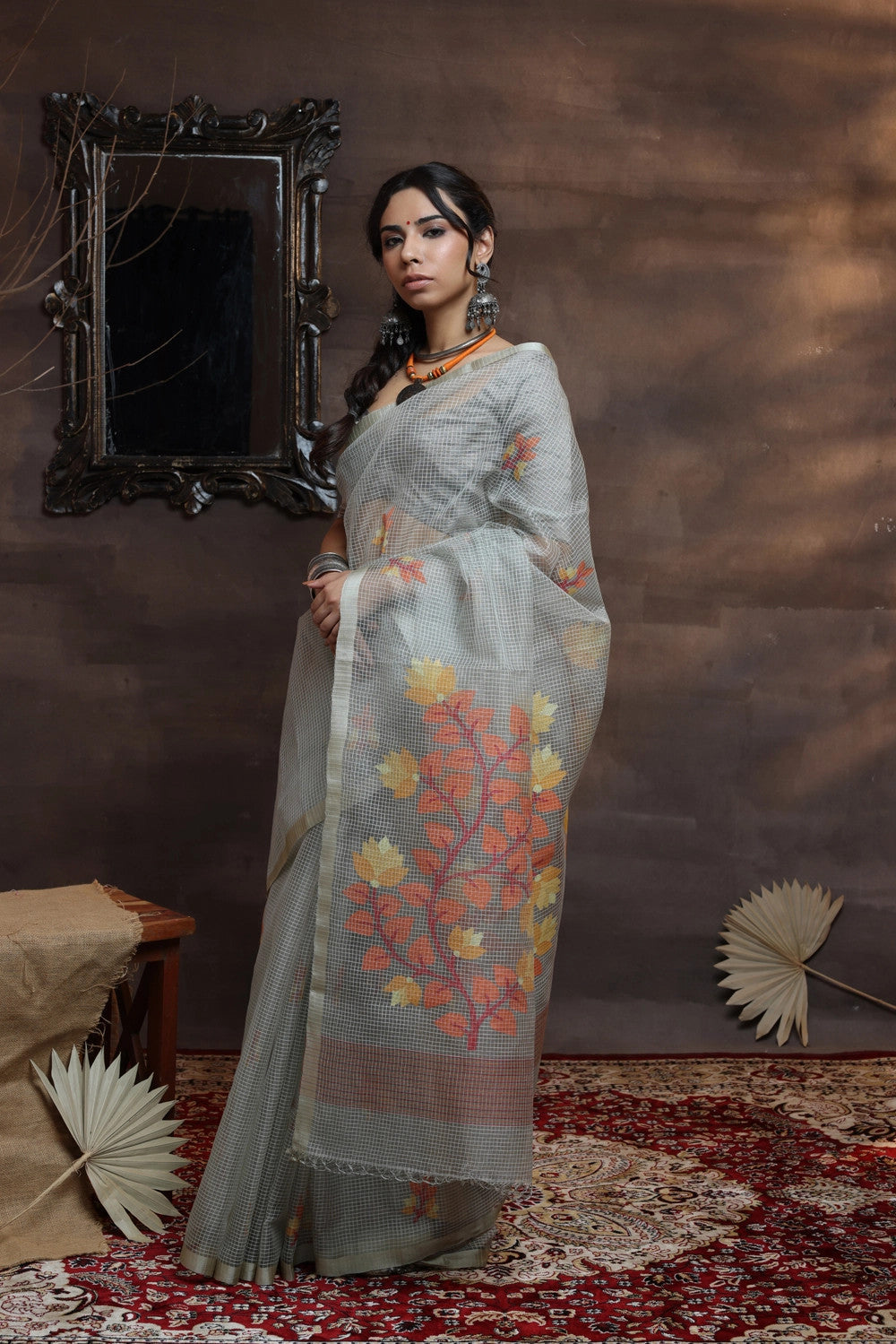 Handloom Grey Pure Muslin Silk Jamdani Saree