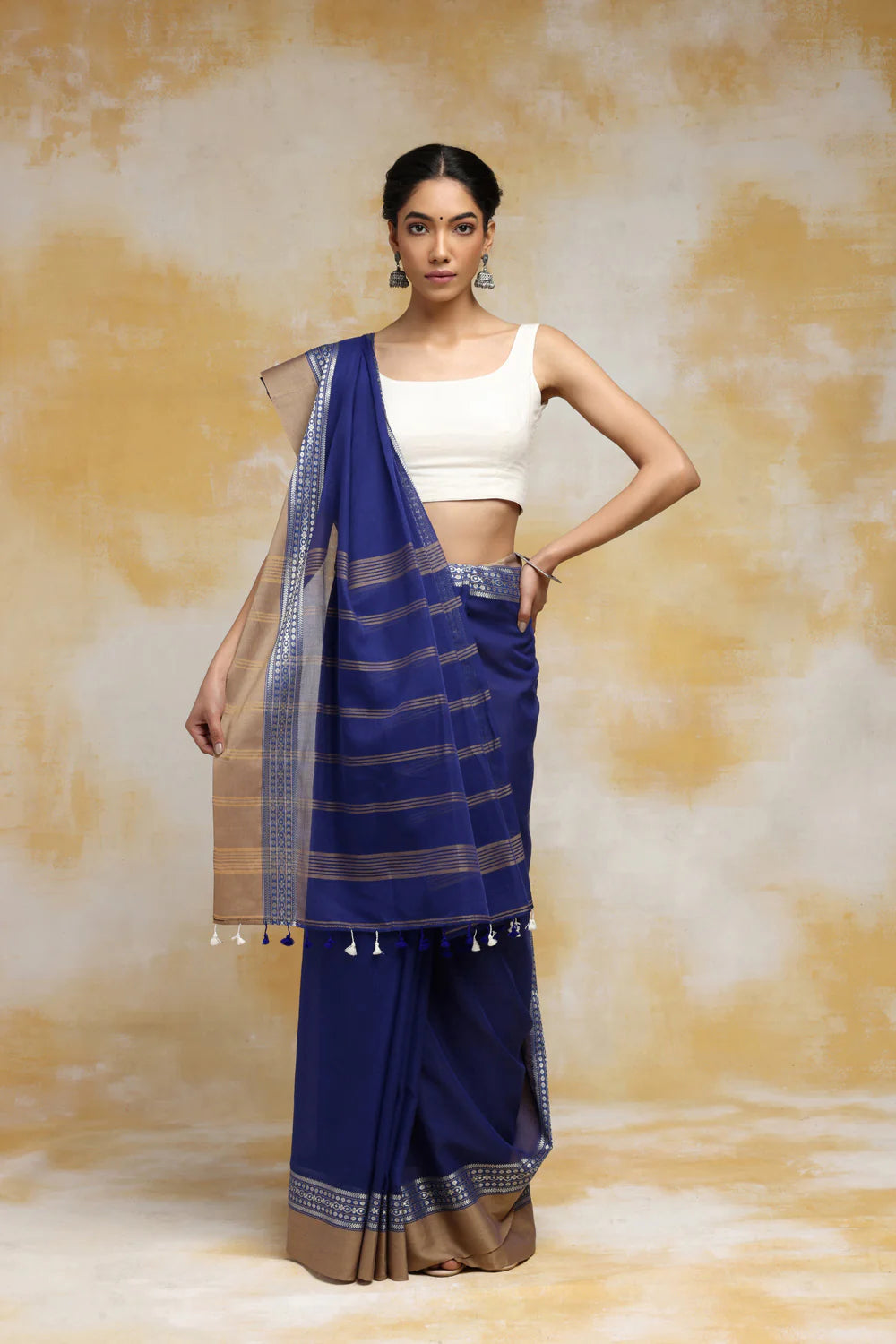 Handloom Berry Blue Soft Cotton Tangail Saree