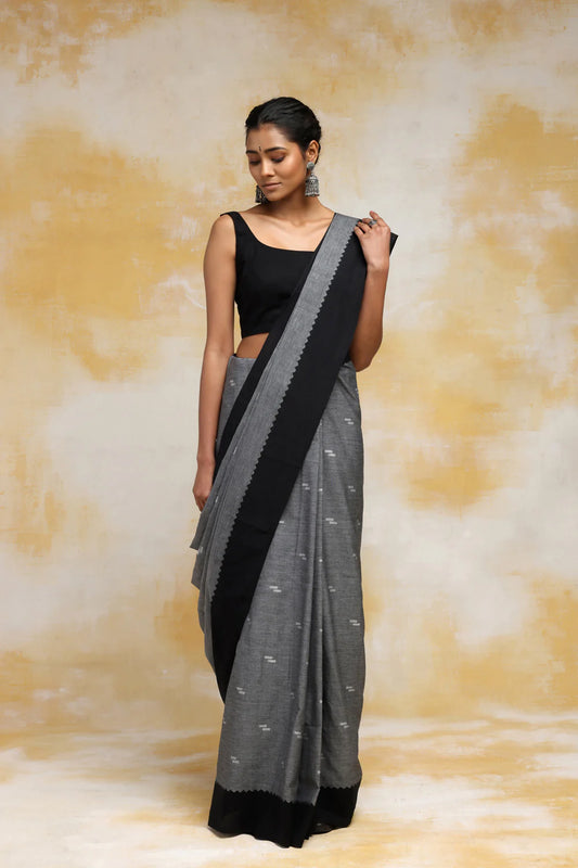 Hnadloom Grey Soft Cotton Saree With Black Border