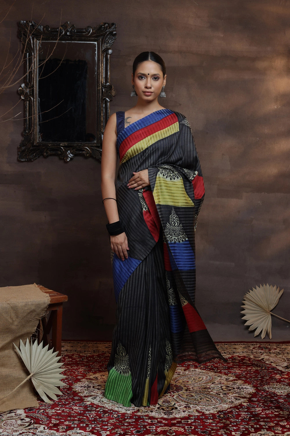 Black  Handloom Pure Silk Hand Painted  Saree