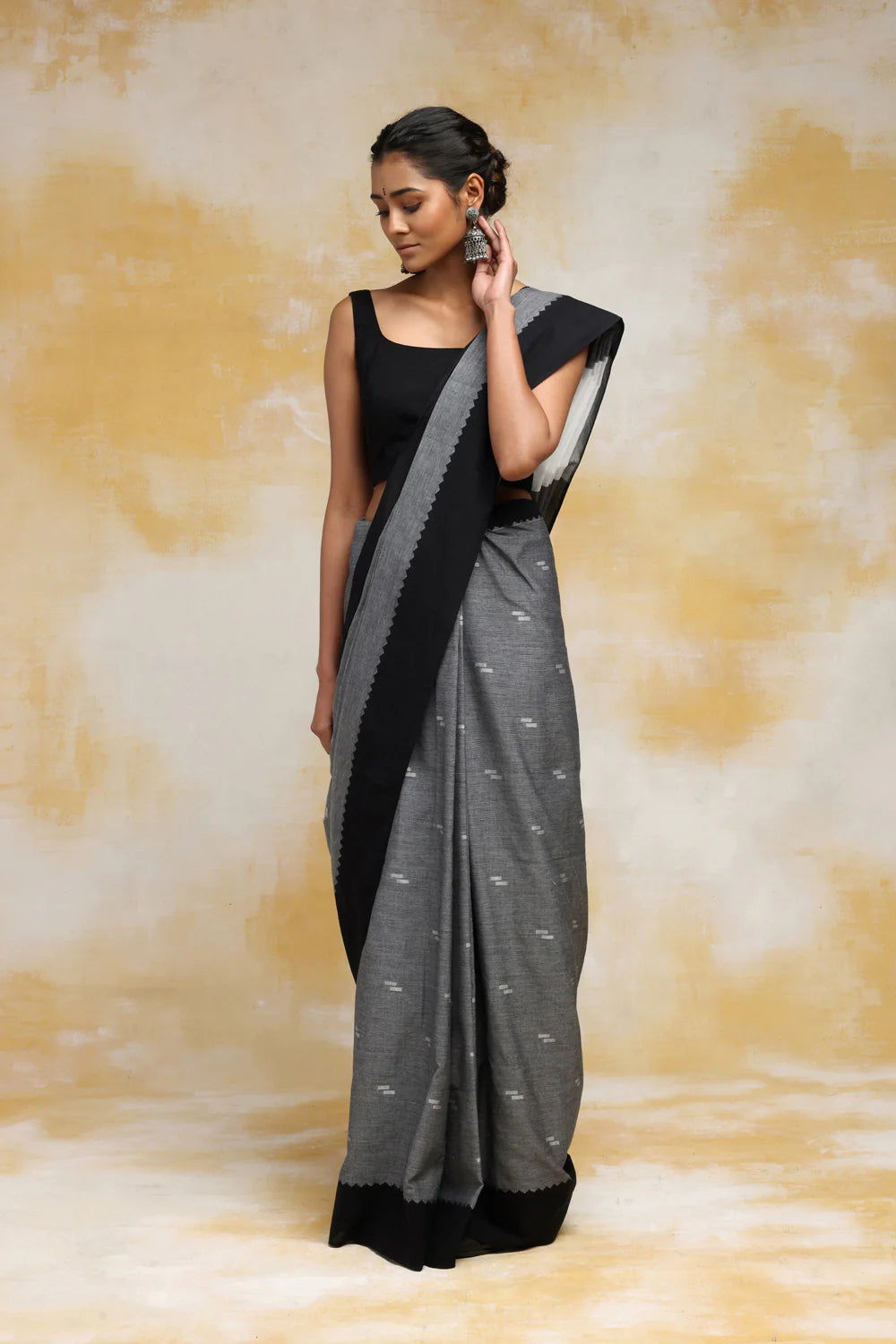 Hnadloom Grey Soft Cotton Saree With Black Border