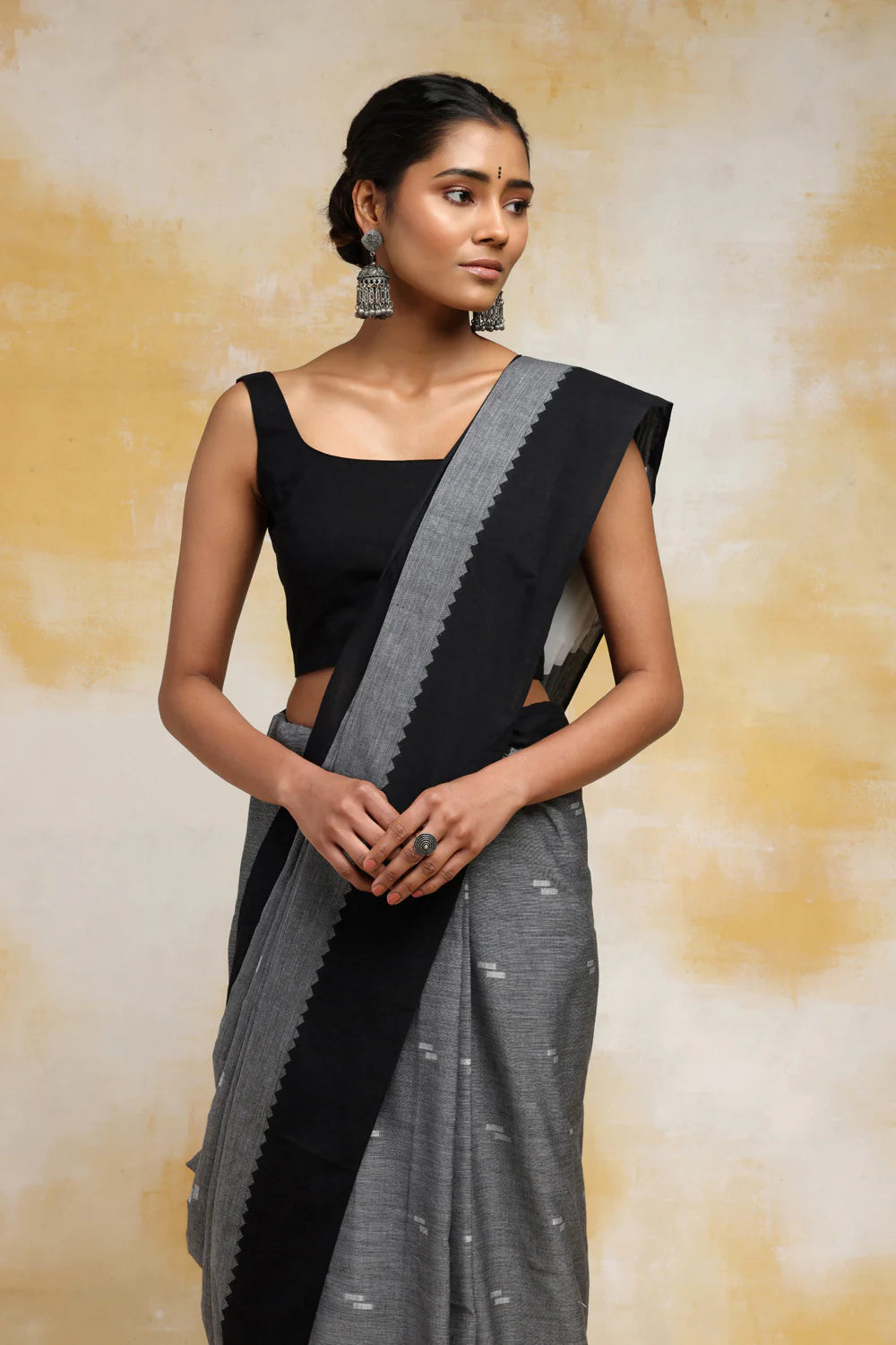 Hnadloom Grey Soft Cotton Saree With Black Border