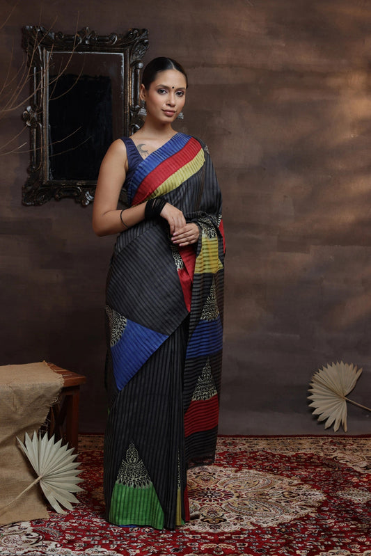 Black  Handloom pure silk hand painted  saree