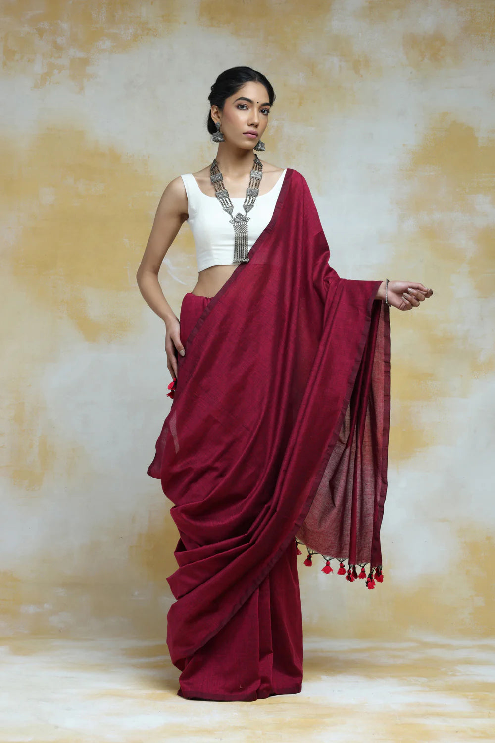 Handloom Wine Solid Colour Soft Cotton Saree With Tassels