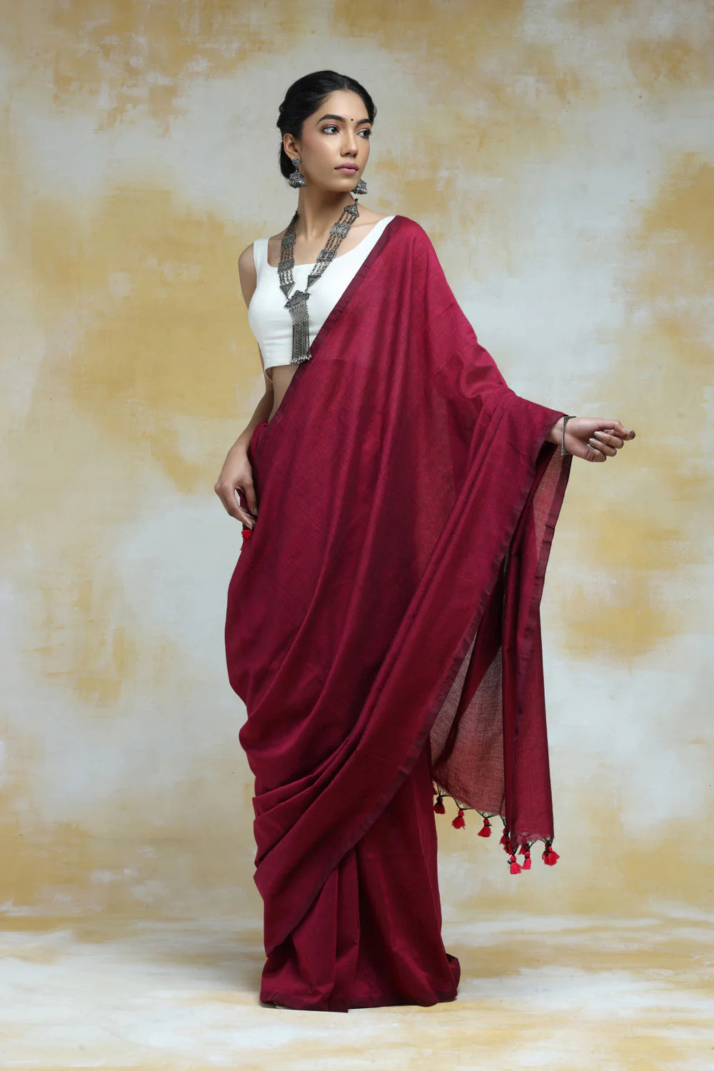 Handloom Wine Solid Colour Soft Cotton Saree With Tassels