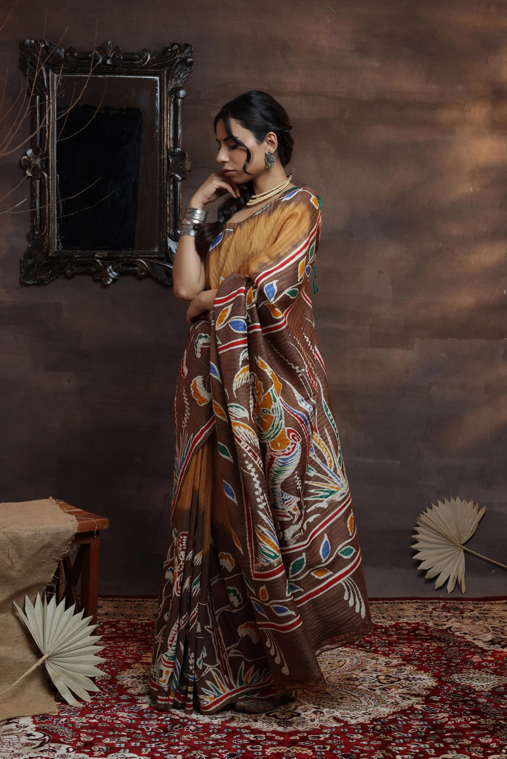 Brown Handloom Pure Silk Hand Painted Saree