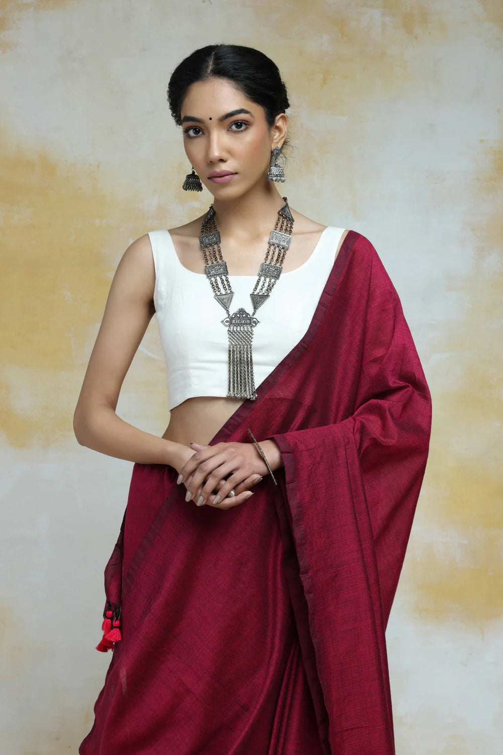 Handloom Wine Solid Colour Soft Cotton Saree With Tassels