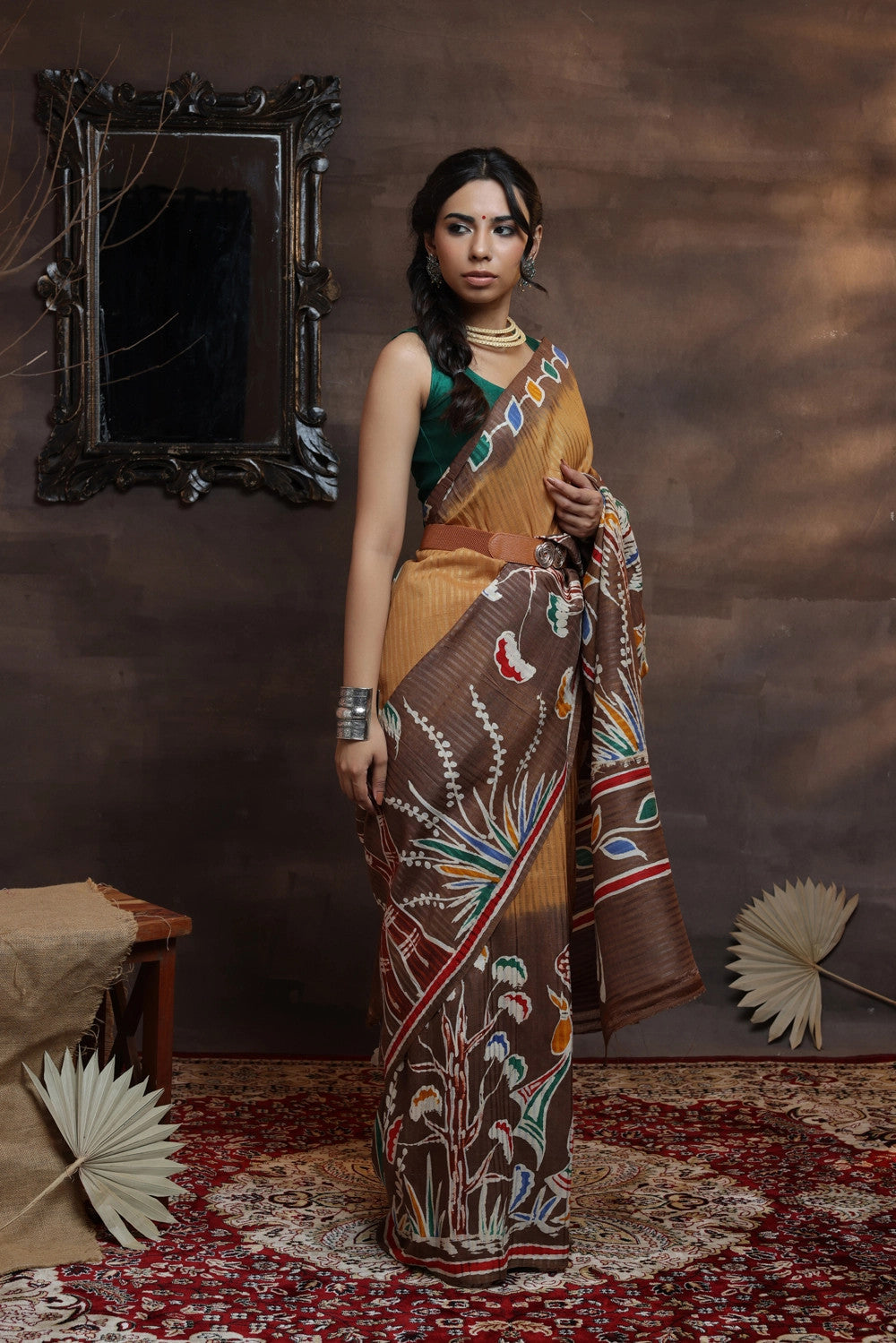 Brown Handloom Pure Silk Hand Painted Saree