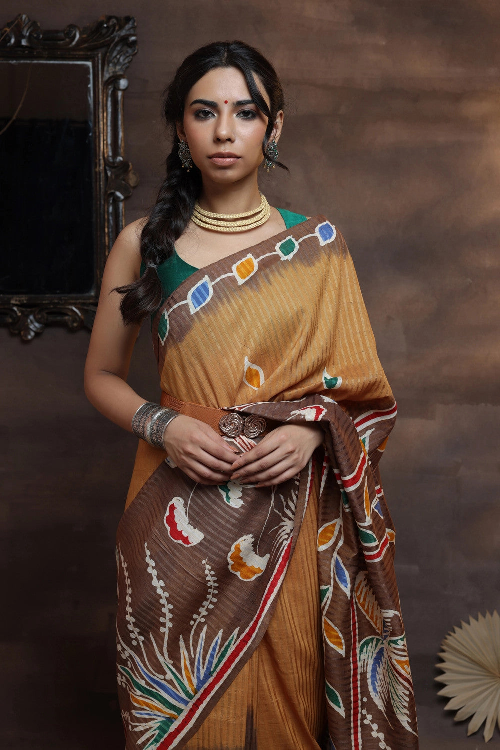 Brown Handloom Pure Silk Hand Painted Saree