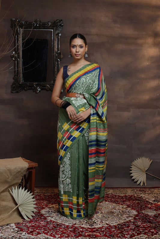 Leaf green Handloom pure silk hand painted saree