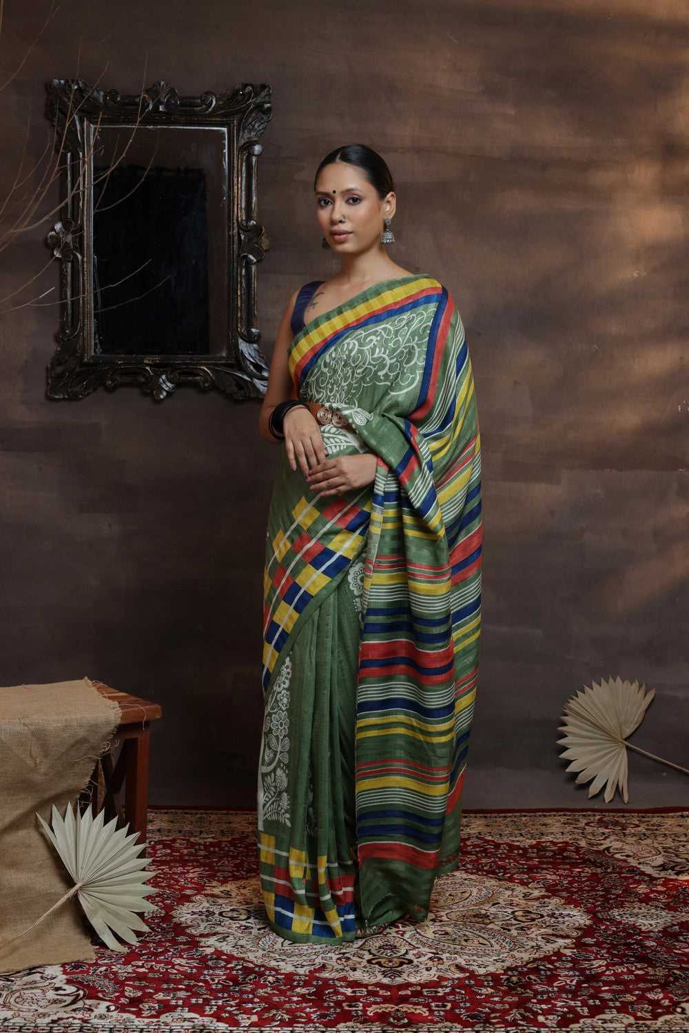 Leaf Green Handloom Pure Silk Hand Painted Saree