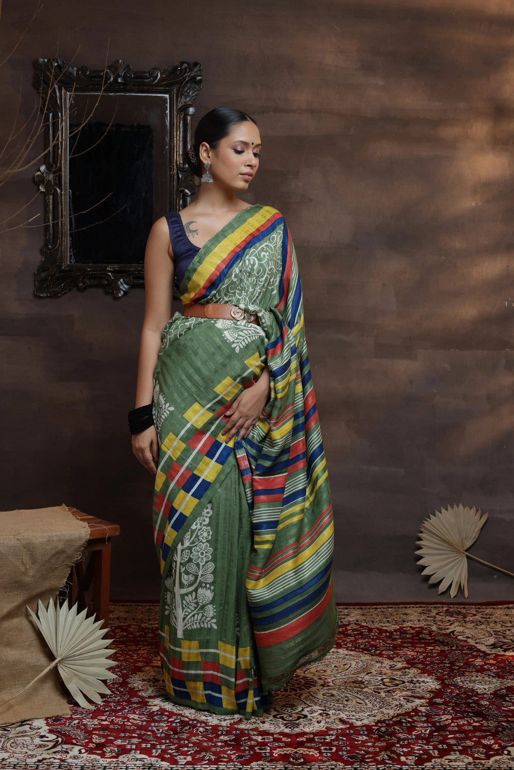 Leaf Green Handloom Pure Silk Hand Painted Saree