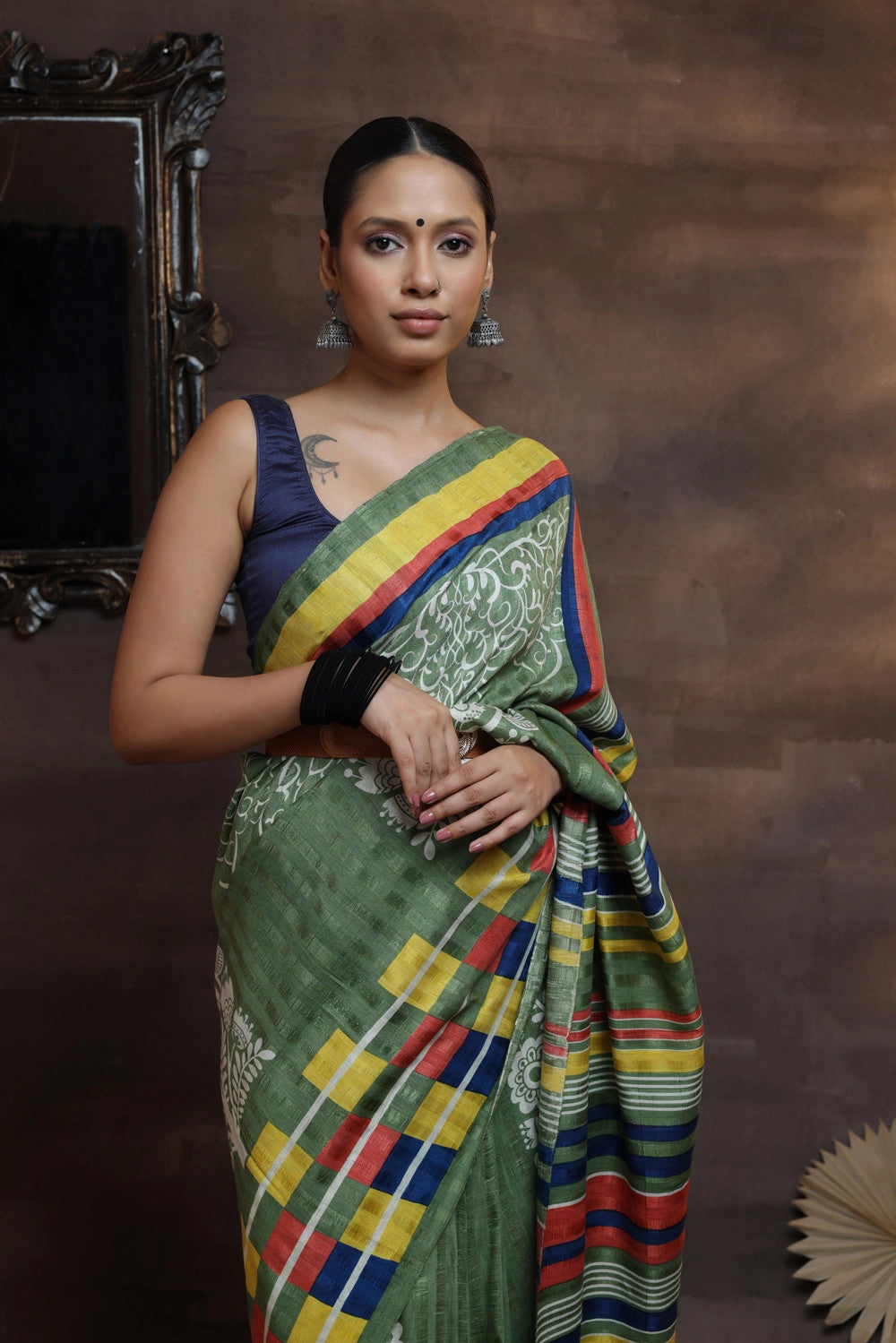 Leaf Green Handloom Pure Silk Hand Painted Saree