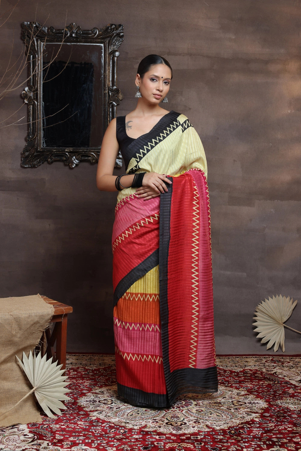 Handloom Yellow Hand Painted Pure Silk Saree With Black Border