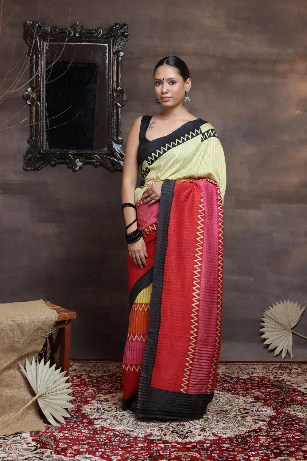 Handloom Yellow Hand Painted Pure Silk Saree With Black Border