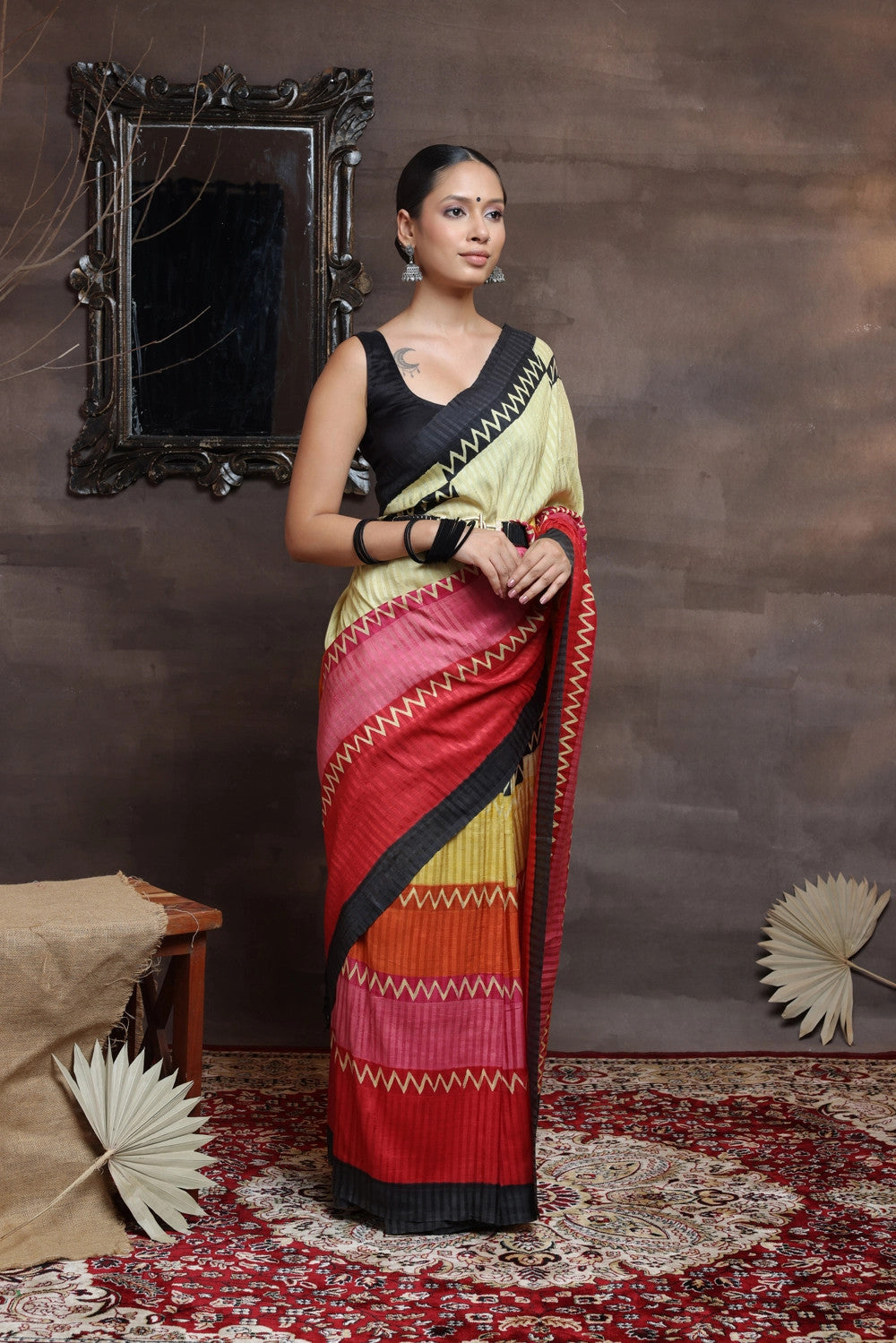 Handloom Yellow Hand Painted Pure Silk Saree With Black Border