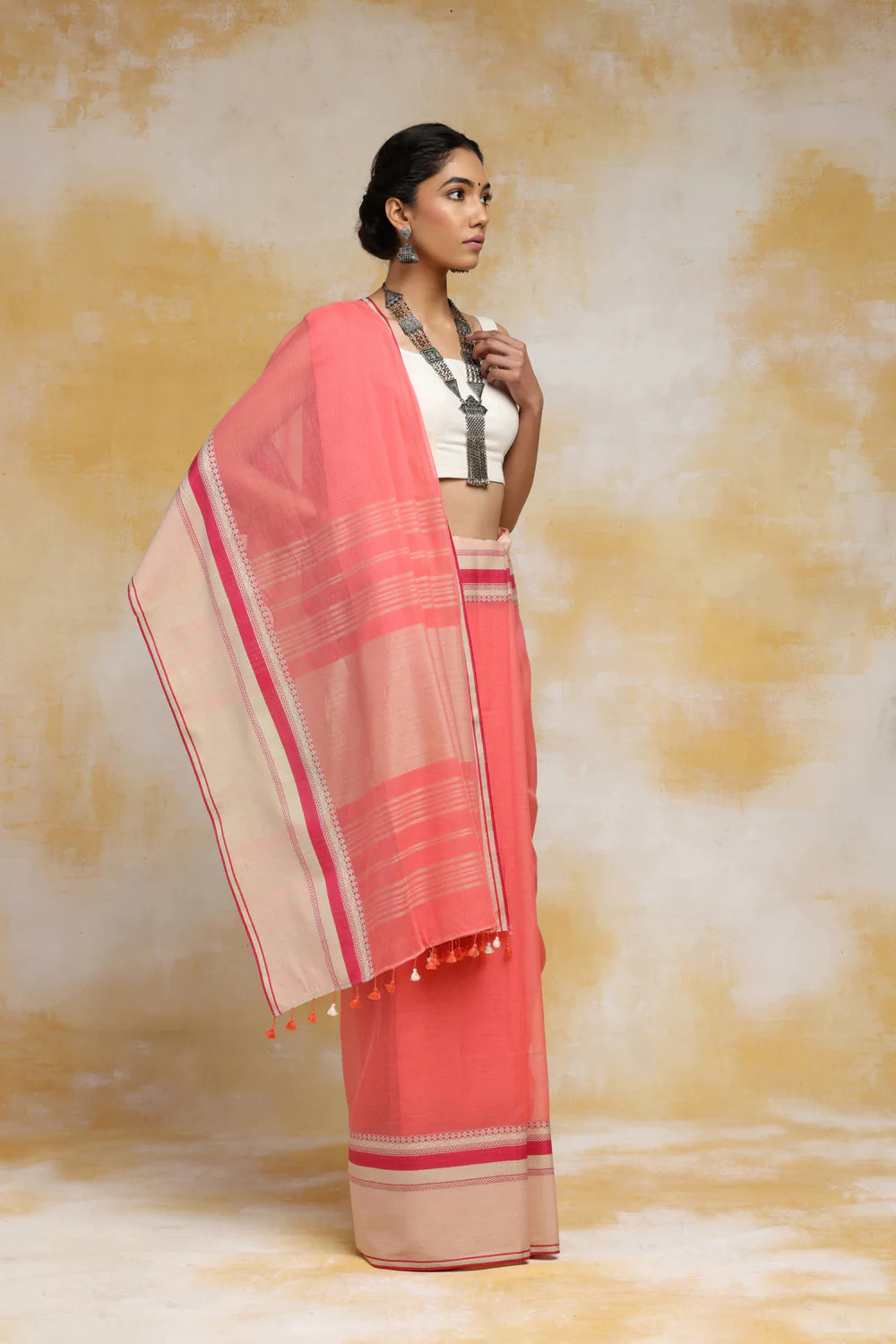 Handloom Peach Soft Cotton Tangail Saree With Beige Border