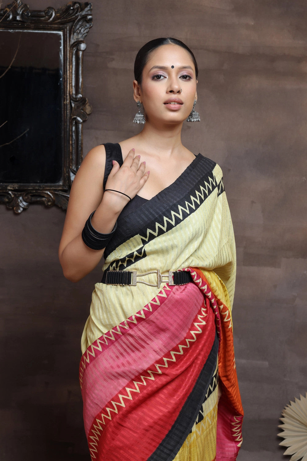 Handloom Yellow Hand Painted Pure Silk Saree With Black Border