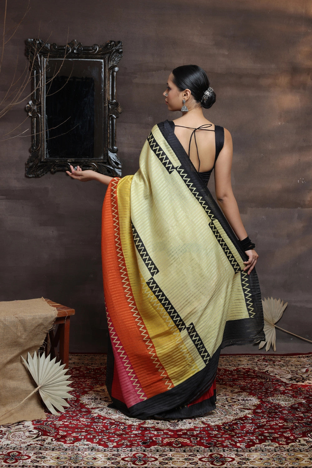 Handloom Yellow Hand Painted Pure Silk Saree With Black Border