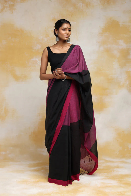 Handloom Black & Magenta Soft Cotton Saree With Black Border