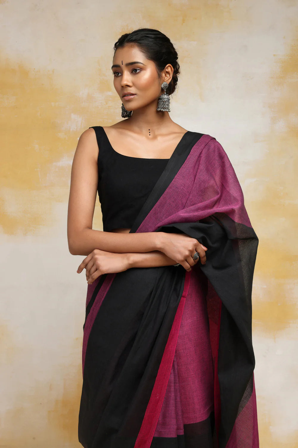 Handloom Black & Magenta Soft Cotton Saree With Black Border