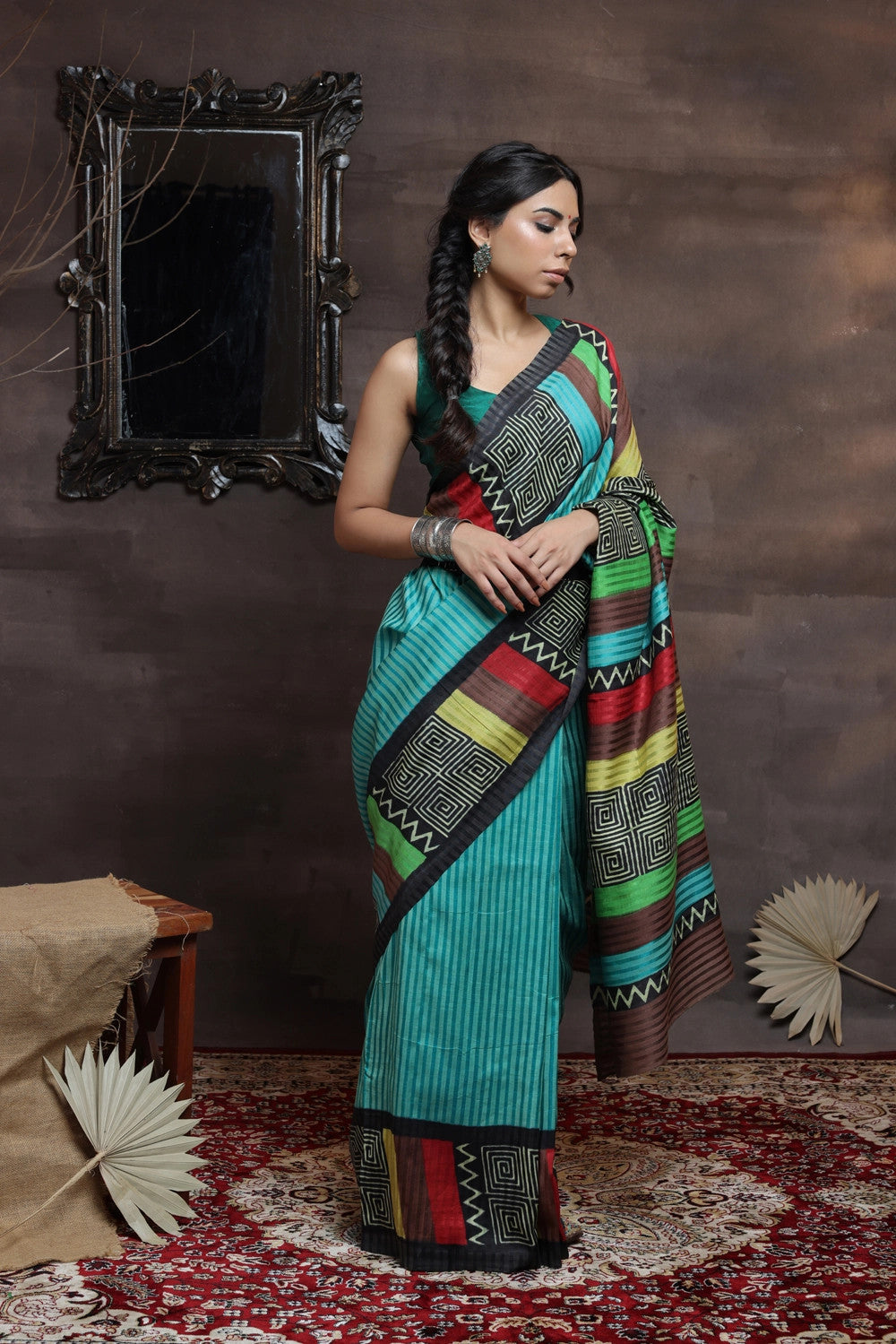 Handloom Green Hand Painted Pure Silk Saree With Black Border