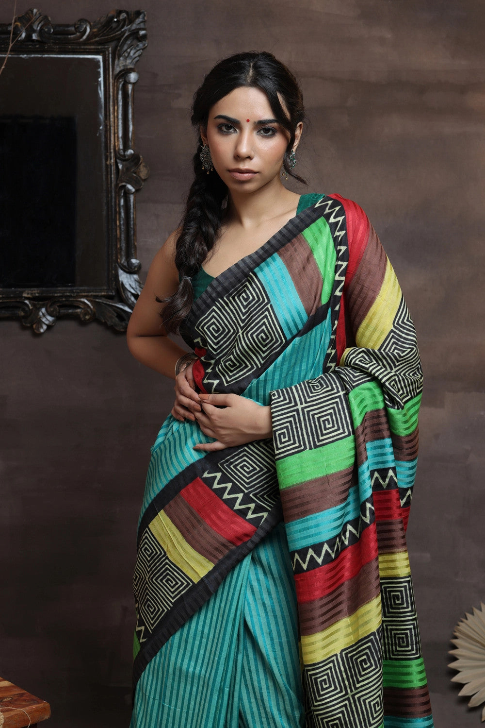 Handloom Green Hand Painted Pure Silk Saree With Black Border