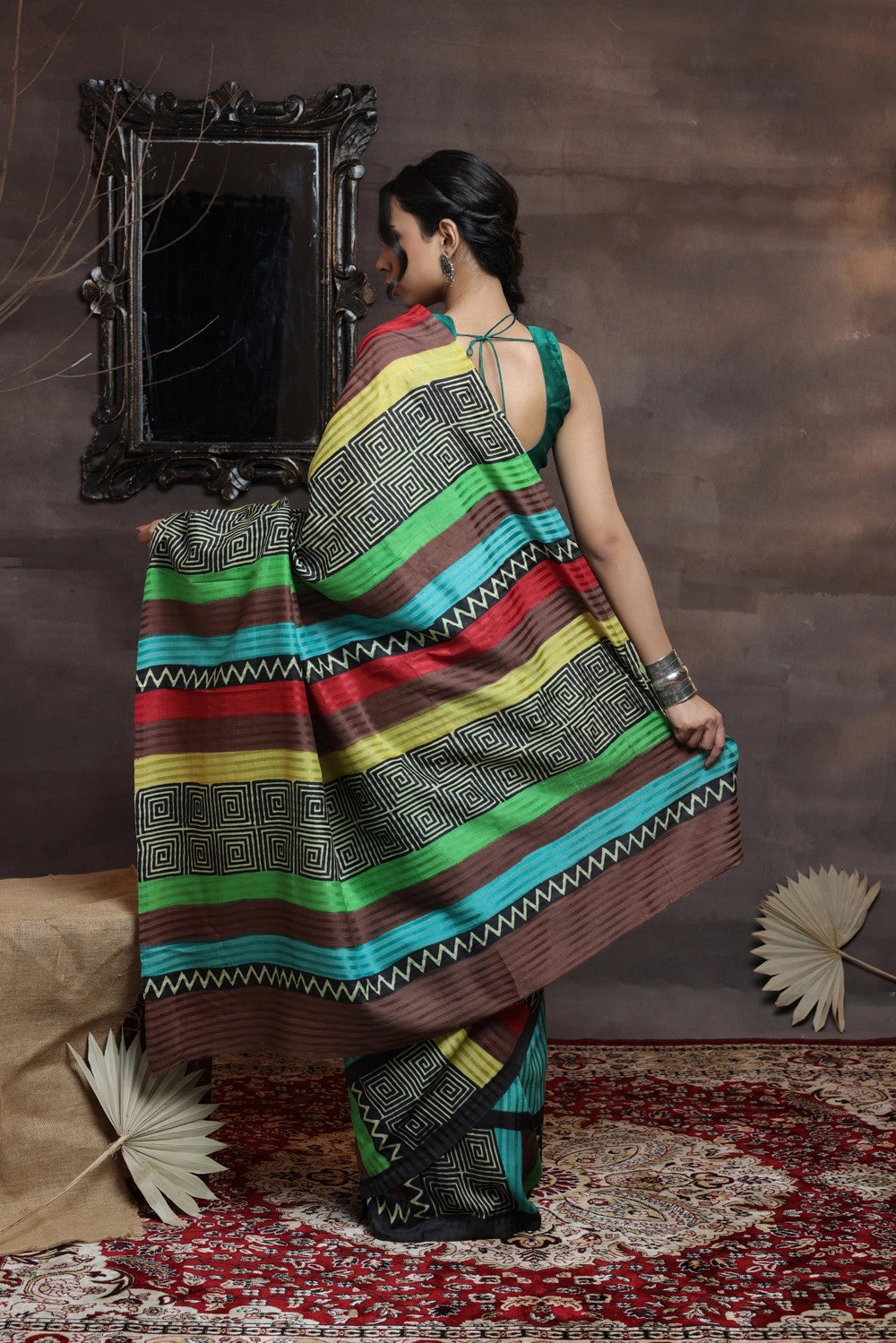 Handloom Green Hand Painted Pure Silk Saree With Black Border