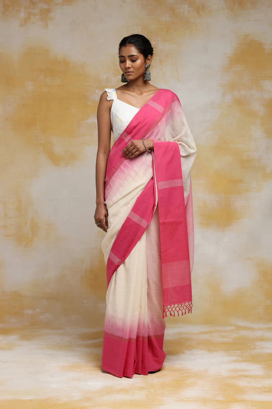 Handloom White Soft Cotton Saree With Pink Border