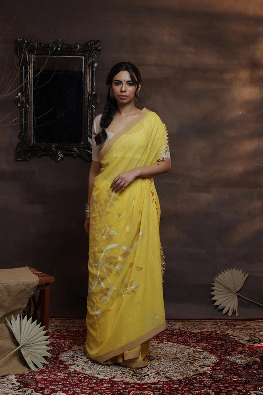 Handloom Bright Yellow Soft Cotton Jamdani Saree With Zari Floral Motifs