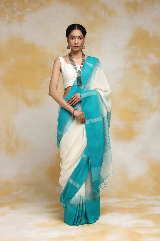 Handloom White Soft Cotton Saree With Sky Blue Border