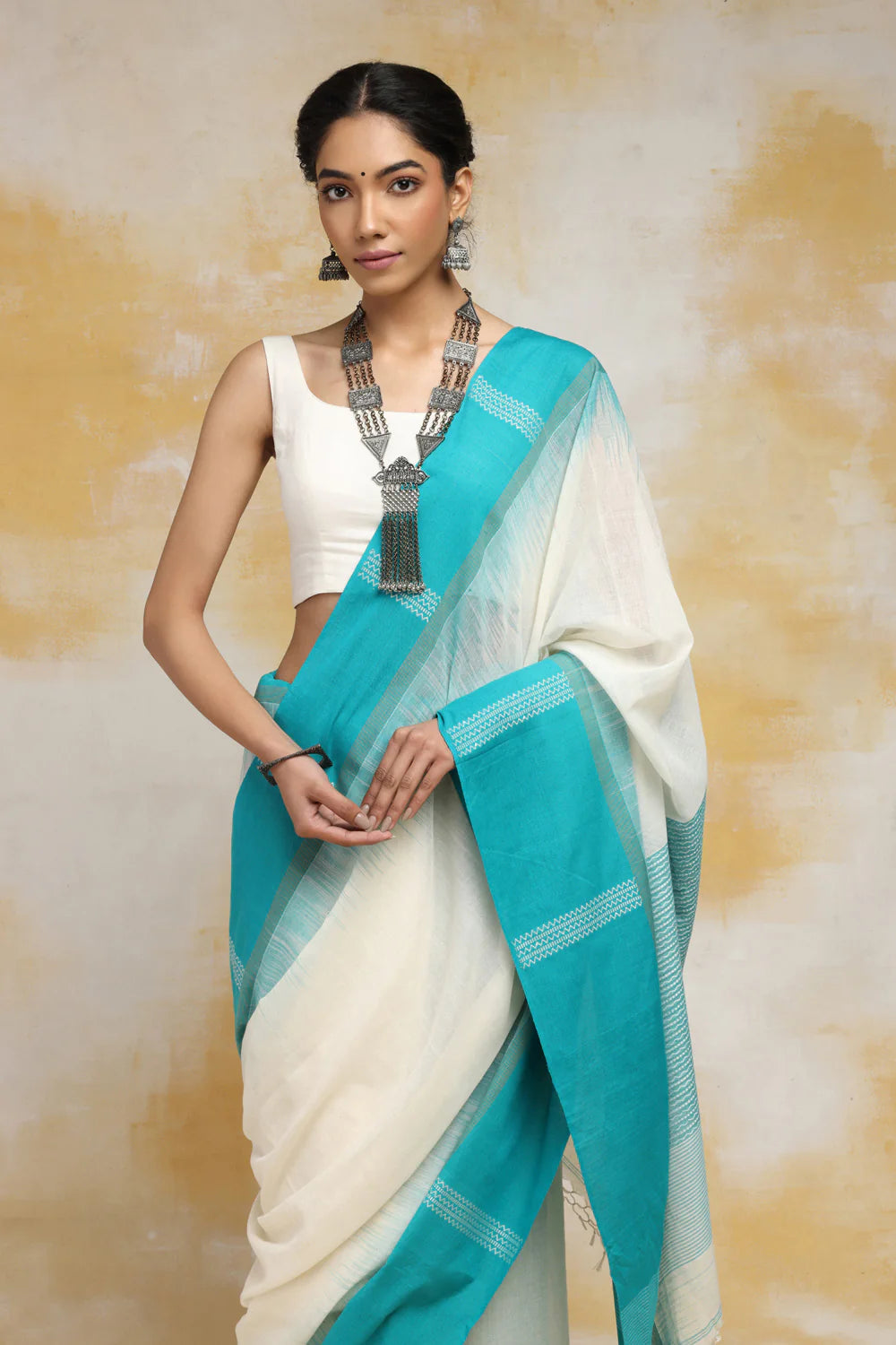 Handloom White Soft Cotton Saree With Sky Blue Border