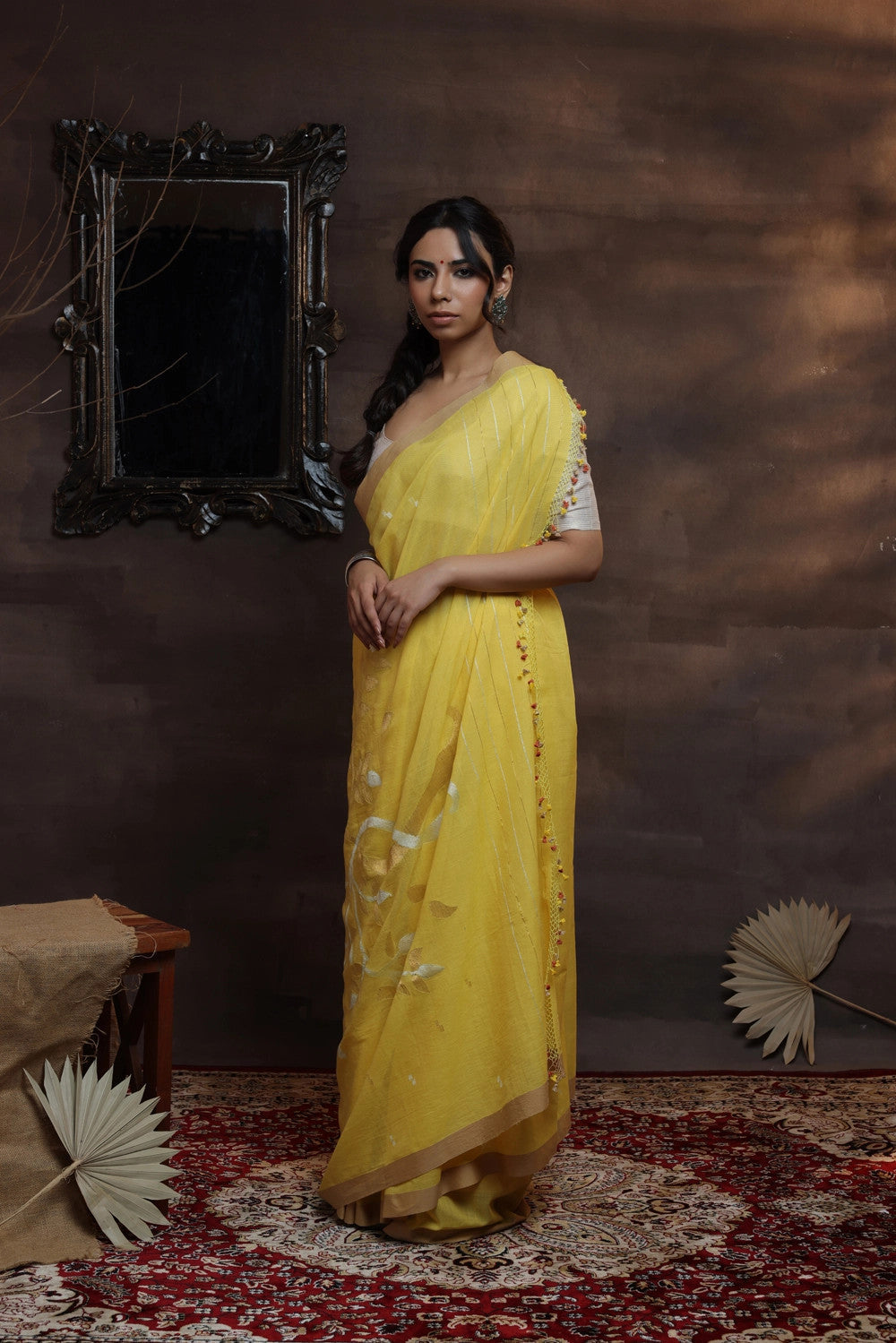 Handloom Bright Yellow Soft Cotton Jamdani Saree With Zari Floral Motifs