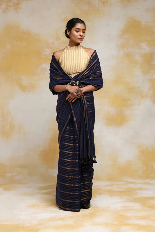 Handloom Mulmul Cotton Navy Blue Saree With Zari Stripes & Tassels