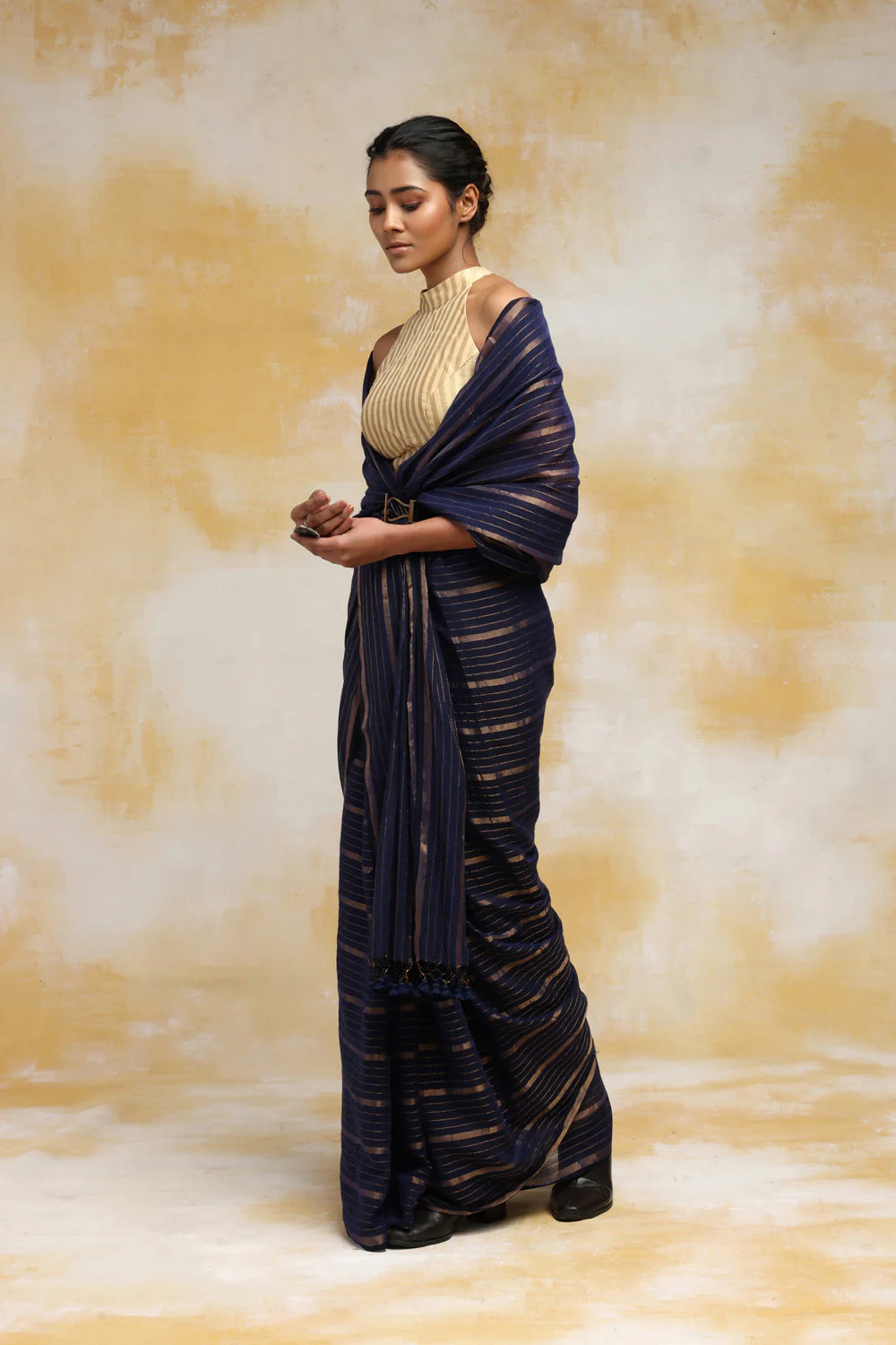 Handloom Mulmul Cotton Navy Blue Saree With Zari Stripes & Tassels