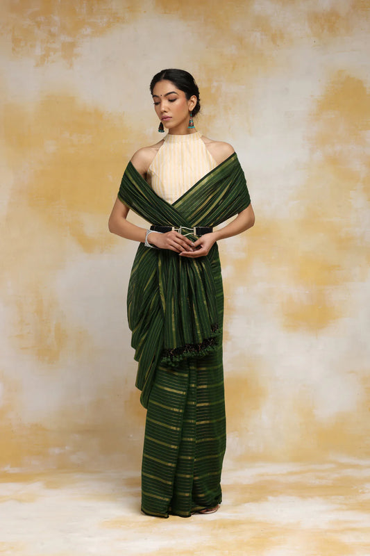 Handloom Mulmul Cotton Dark Green Saree With Zari Stripes & Tassels