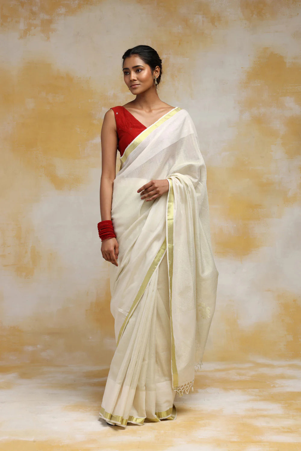 Handloom Off White Cotton Saree With Gold Zari Border & Floral Zari Weave