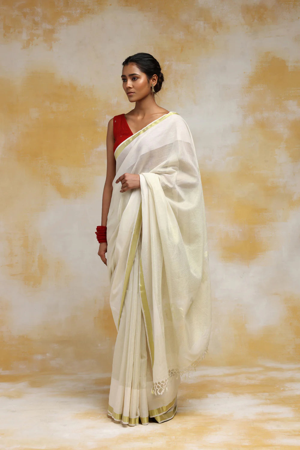 Handloom Off White Cotton Saree With Gold Zari Border & Floral Zari Weave