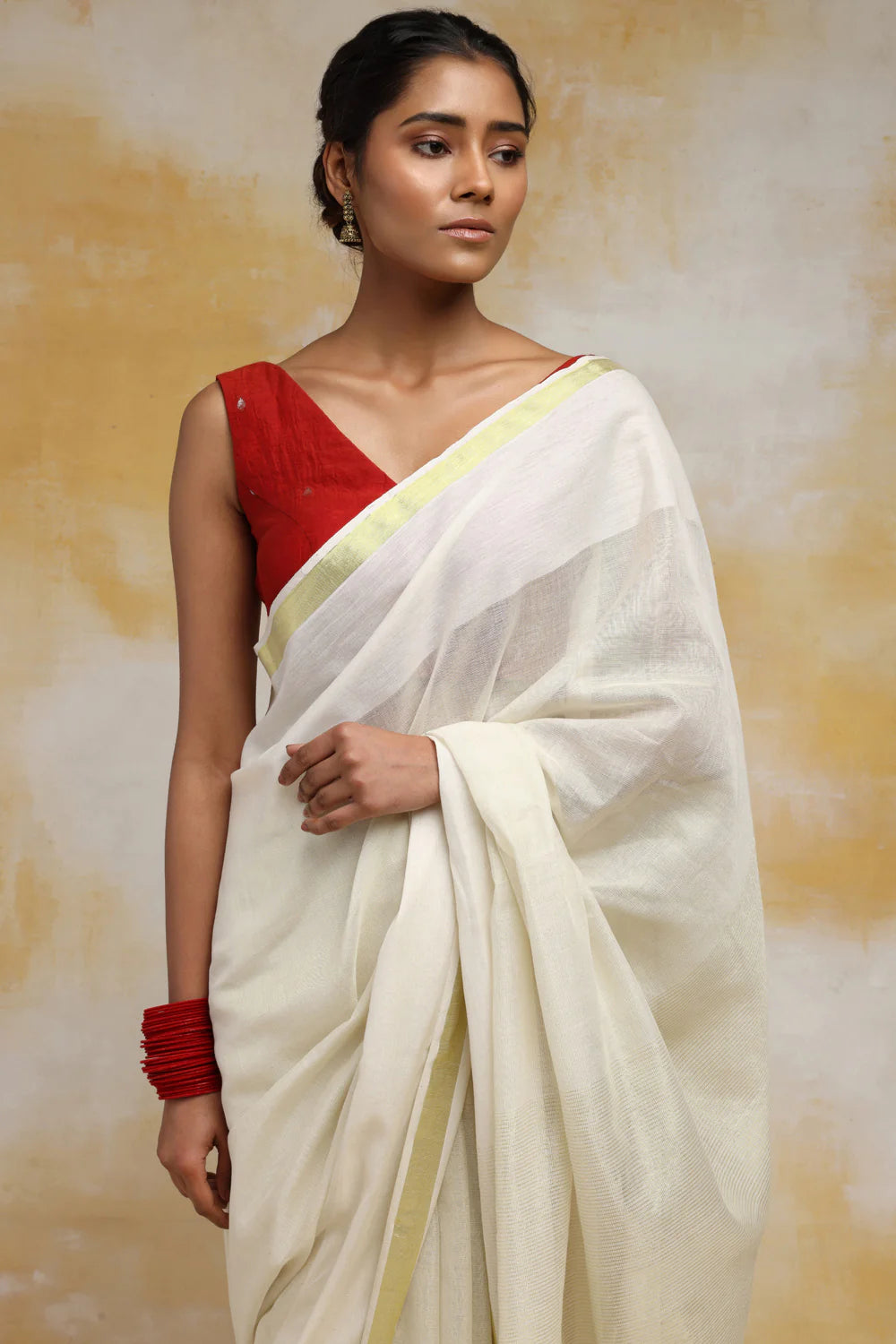 Handloom Off White Cotton Saree With Gold Zari Border & Floral Zari Weave