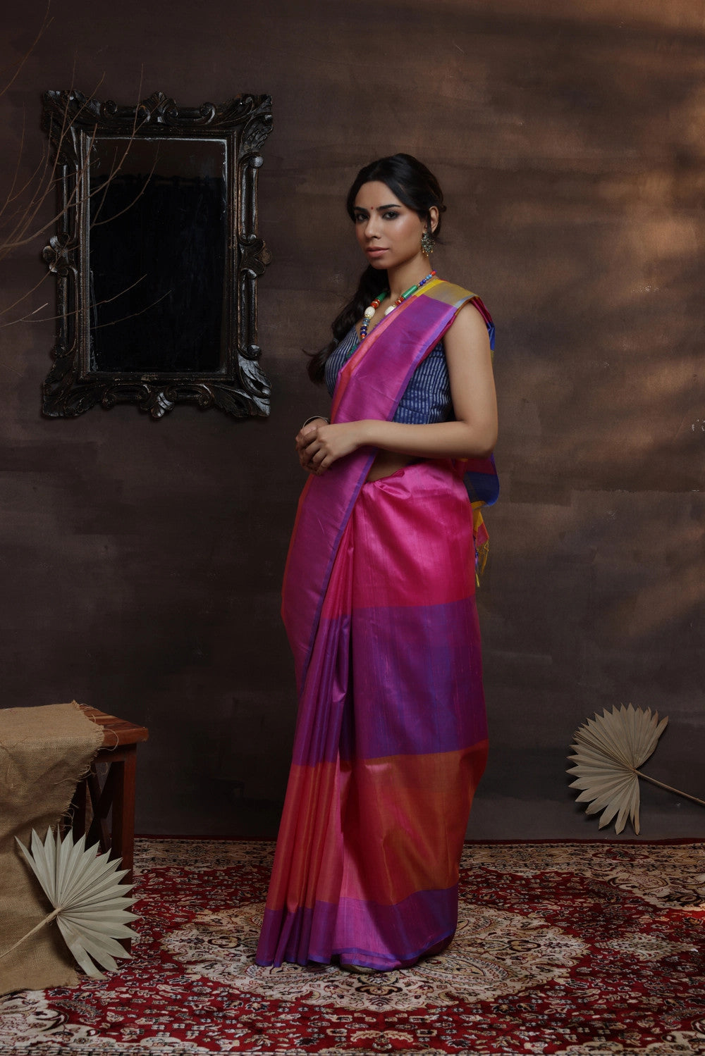 Handloom Pink Pure Silk Saree With Multi Colour  Pallu