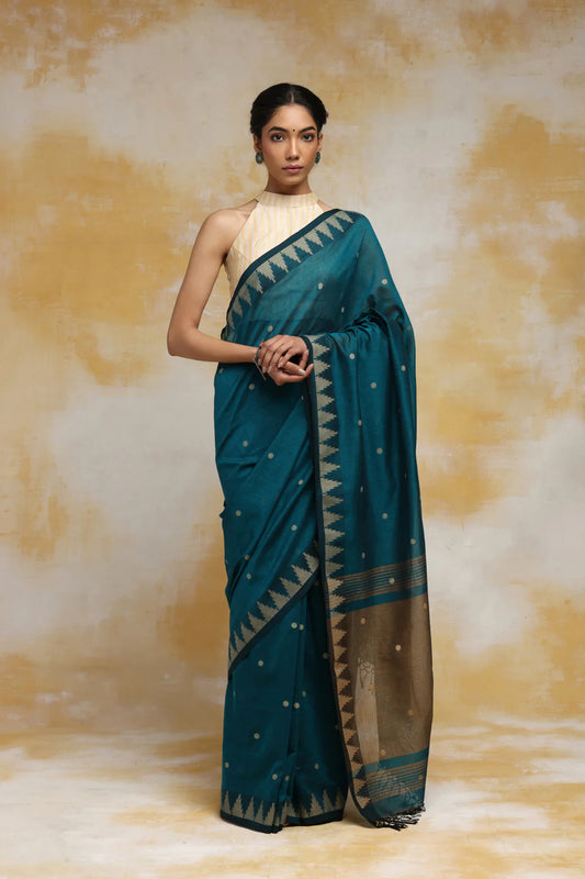 Handloom Pine Green Soft Cotton Saree With Beige Polka Dots