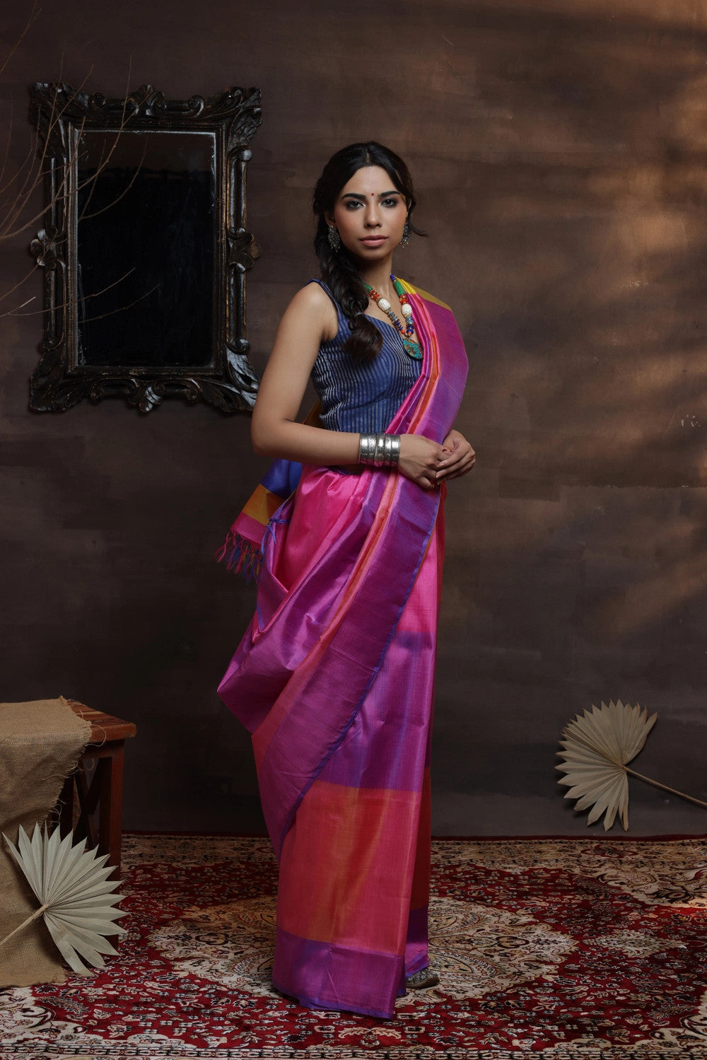 Handloom Pink Pure Silk Saree With Multi Colour  Pallu