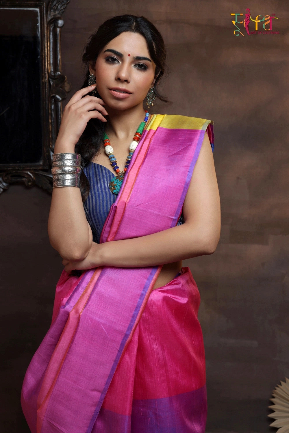Handloom Pink Pure Silk Saree With Multi Colour  Pallu