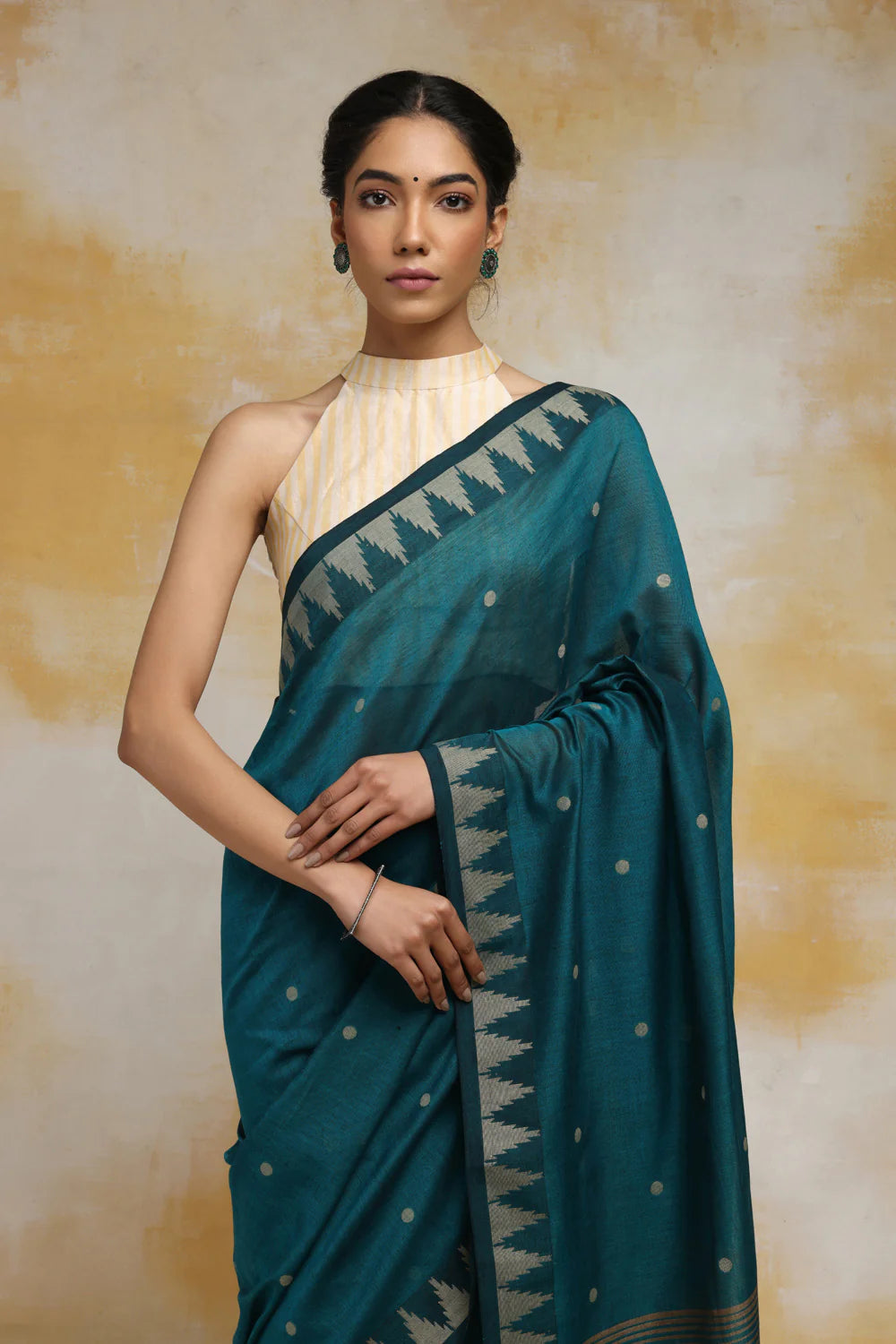 Handloom Pine Green Soft Cotton Saree With Beige Polka Dots