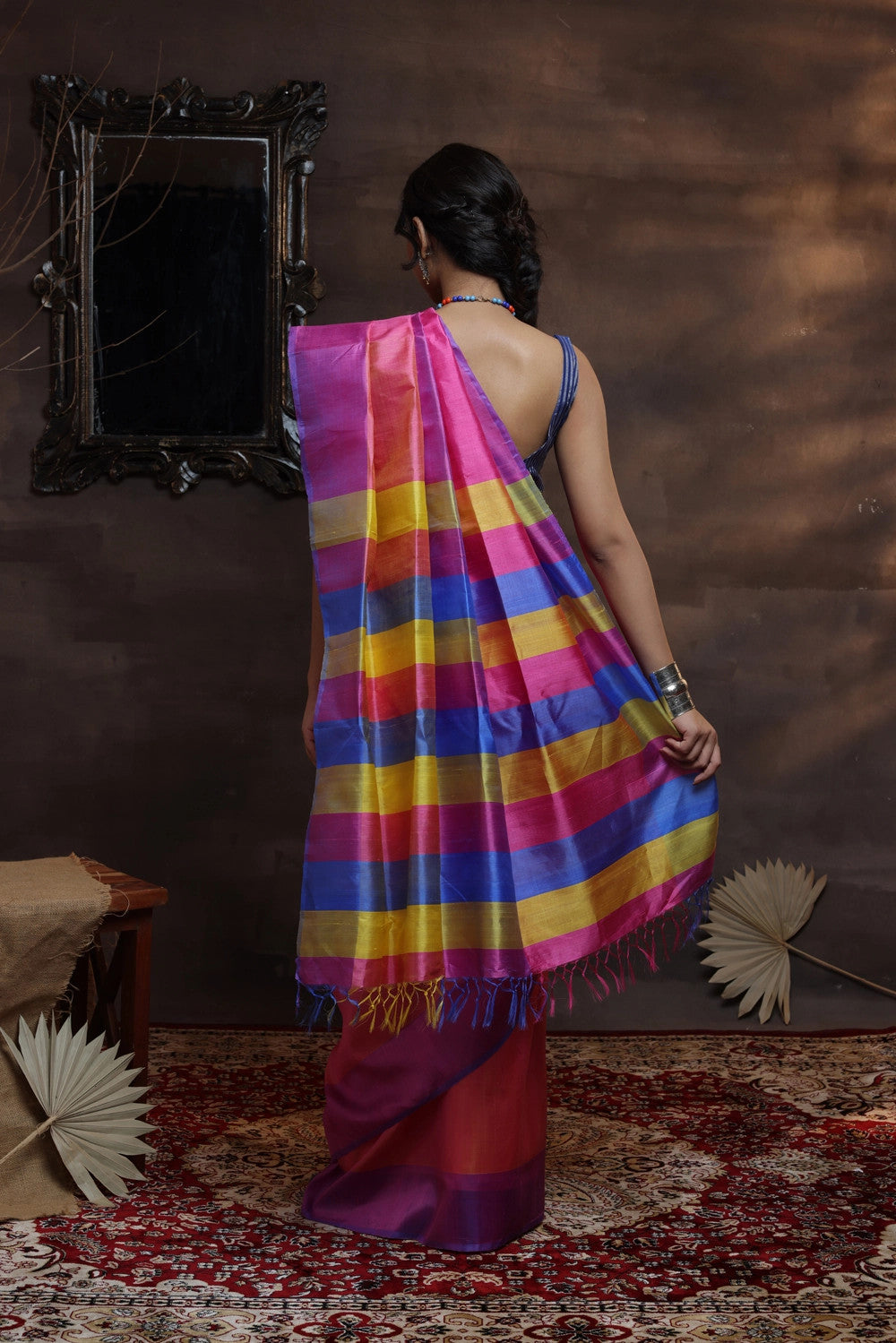 Handloom Pink Pure Silk Saree With Multi Colour  Pallu