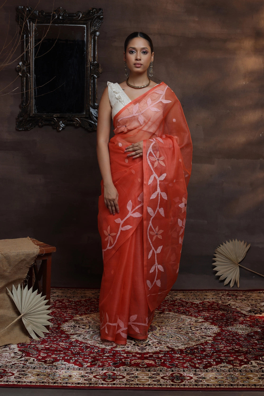 Handloom Jamdani Orange pure Muslin silk saree with woven flowers